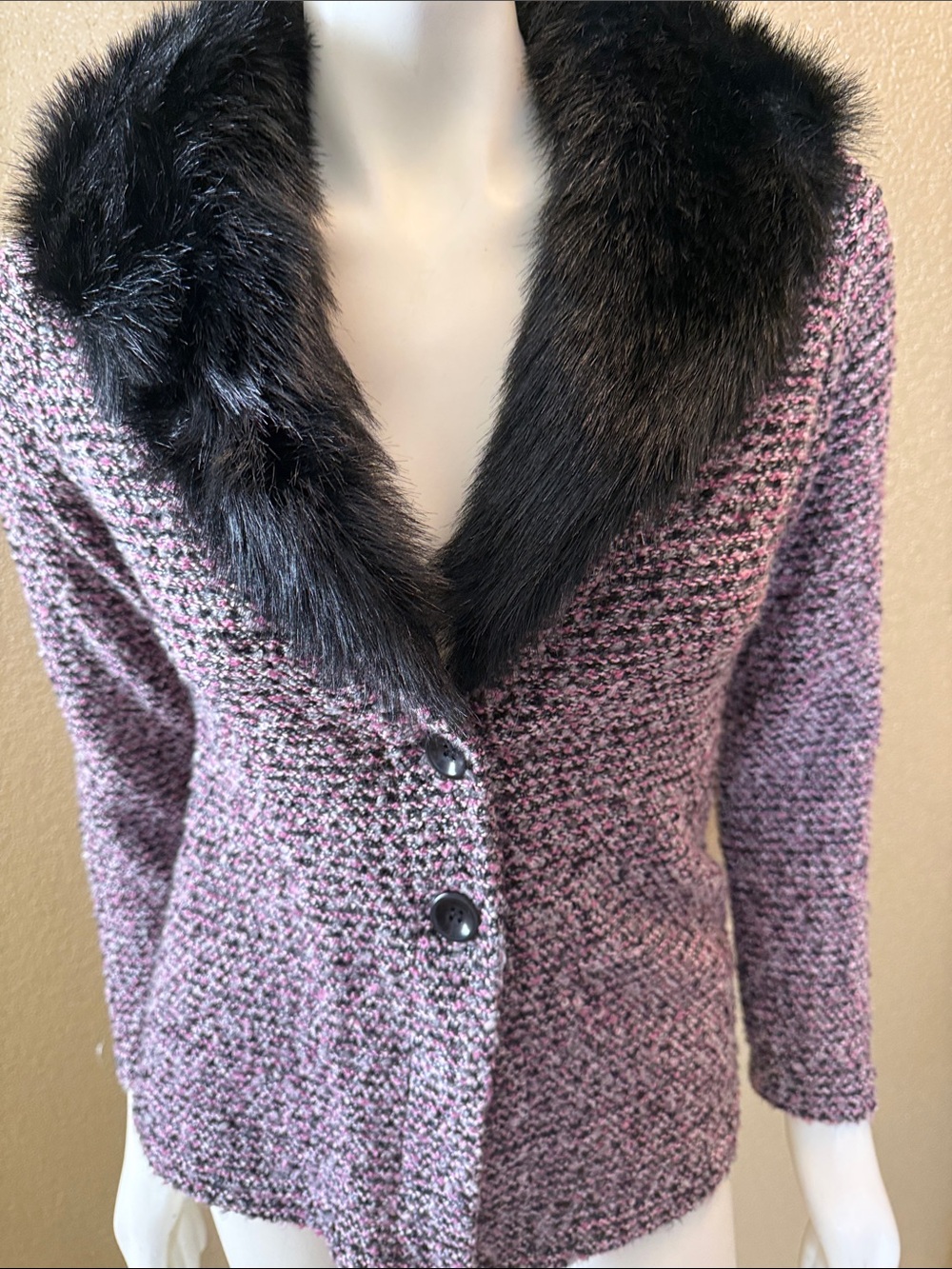 Y2K Vintage Kate Landry Pink Tweed Cardigan with Black Faux Fur Collar